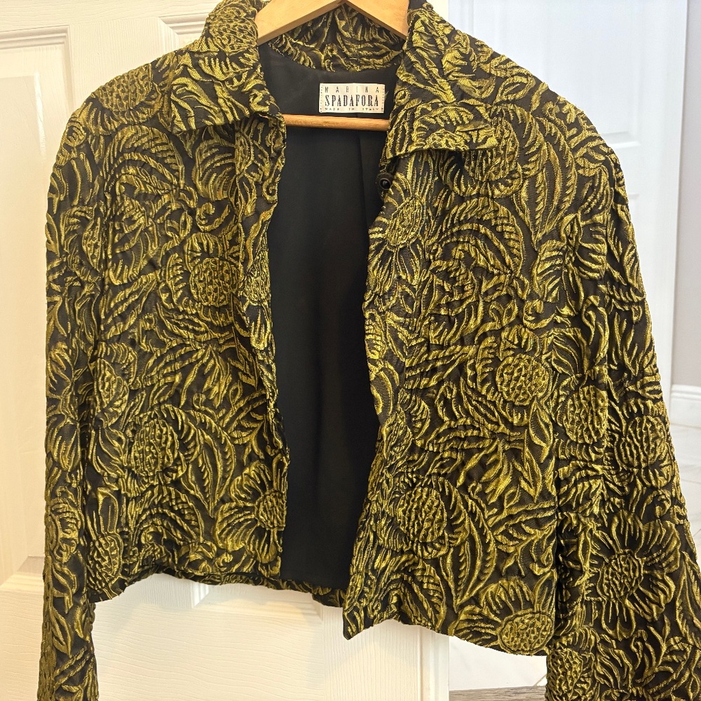 MARINA SPADAFORA cropped evening jacket in green brocade.  Size small.